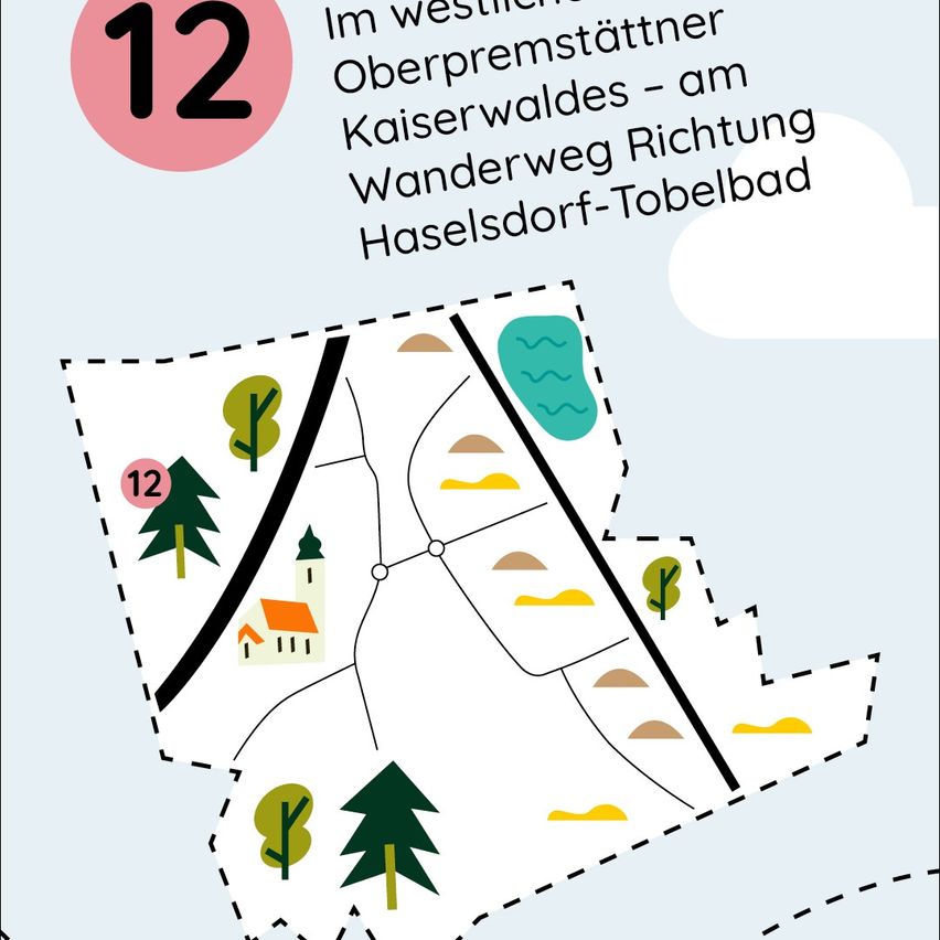 Illustration einer Karte mit der Nummer 12. Sie zeigt einen Ort im westlichen Oberpremstattner Kaiserwald, in Richtung Haselsdorf-Tobelbad. Die Karte enthält Symbole für Häuser, Bäume und einen Wasserkörper.