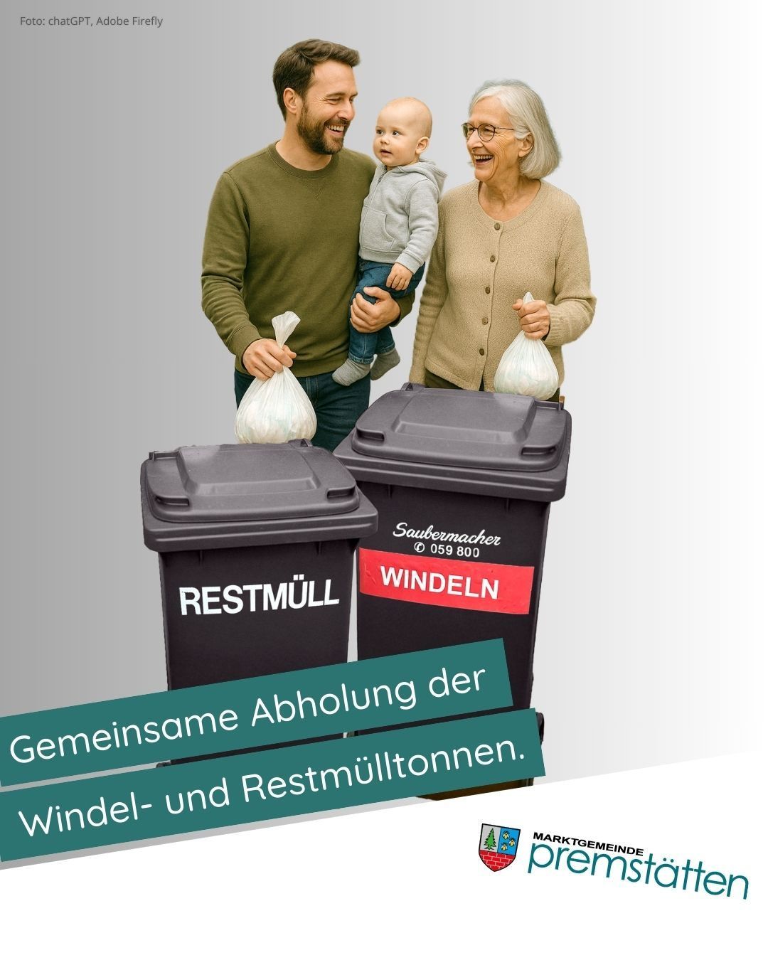 Ein Mann, eine Frau und ein Baby stehen vor zwei Mülltonnen. Eine ist mit Restmuell und die andere mit Windeln beschriftet. Sie halten Säcke mit Abfall. Der Text lautet 'Gemeinsame Abholung der Windel- und Restmuelltonnen.' Unten befindet sich ein Logo der Marktgemeinde.