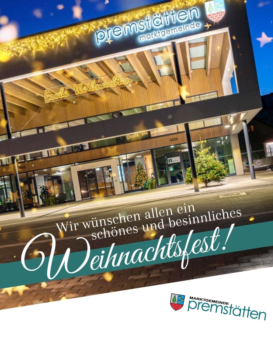 Eine Werbung für eine festliche Weihnachtsfeier in einem Gebäude mit einem festlichen Weihnachtsbaum und Lichtern. Der Text lautet: 'Wir wünschen allen ein schönes Weihnachtsfest!'