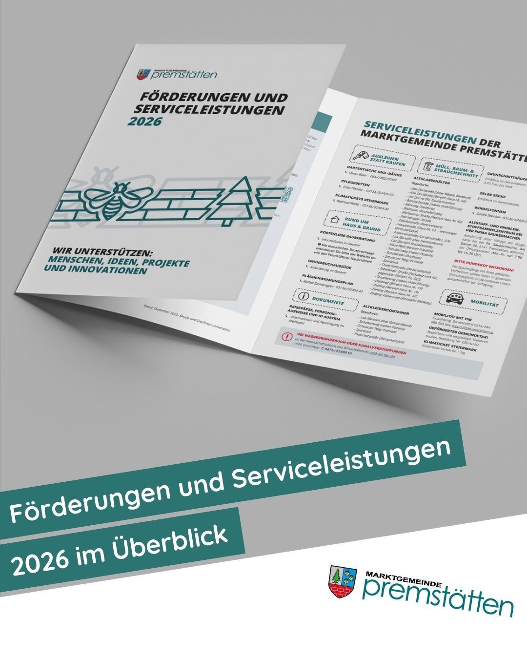 Ein Dokument über Förderungen und Dienstleistungen von Marktgemeinschaften im Jahr 2026. Es zeigt ein grünes Banner mit fetter Schrift. Der Text links ist fett, während der Text rechts in kleinerer Schrift ist. Das Dokument hat einen grauen Hintergrund.