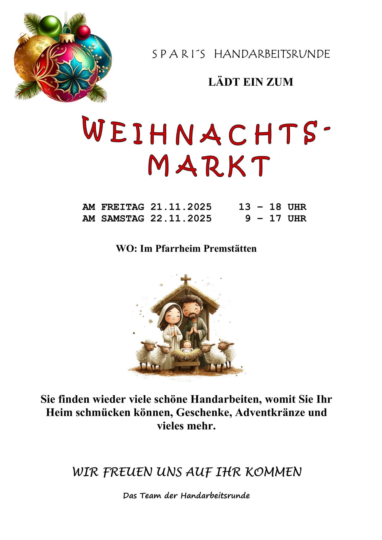 Plakat für den Weihnachtsmarkt, der Besucher am 21. und 22. November 2025 einlädt. Der Markt befindet sich im Pfarrheim Premstätten. Zeigt eine Krippe mit einer Familie und Schafen. Text in Deutsch.