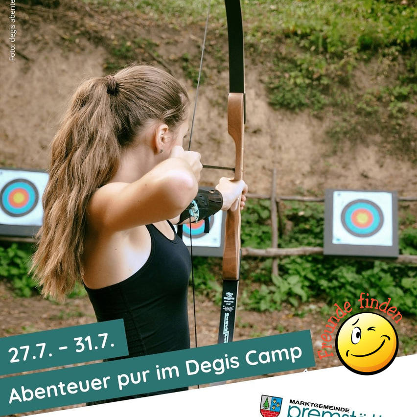 A girl practices archery. Behind her, three archery targets are visible. The dates 27.7 and 31.7 are displayed.