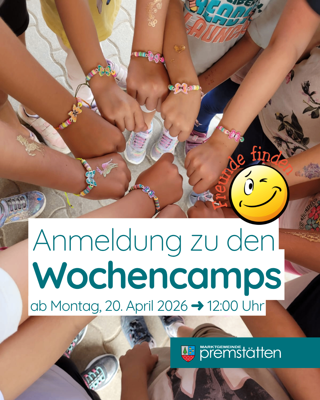 Image shows multiple children's hands with colorful bracelets forming a circle. Text reads 'Registration for weekly camps' with a smiley face. Date: Monday, April 20, 2026, time: 12:00 PM.