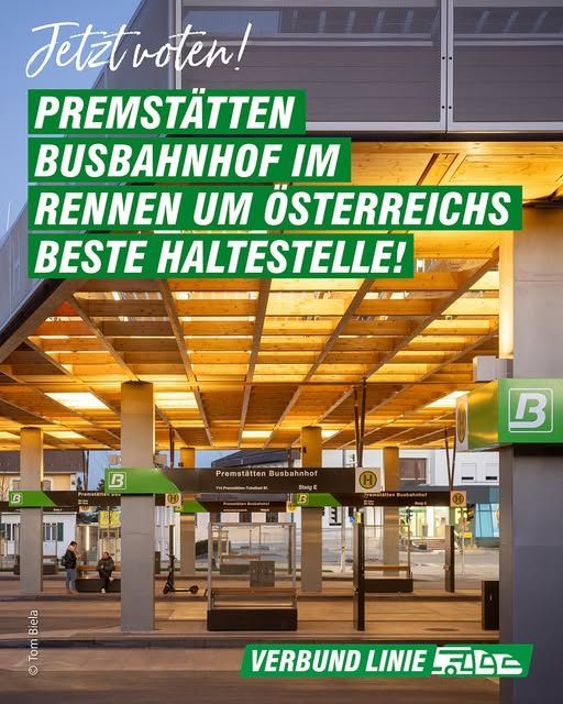 A photo of a bus station with the text 'Now vote!' above, two people walking, and a scooter parked. It says 'Premium Bus Station in Renningen for the Best Haltestelle in Austria!' on a green background.