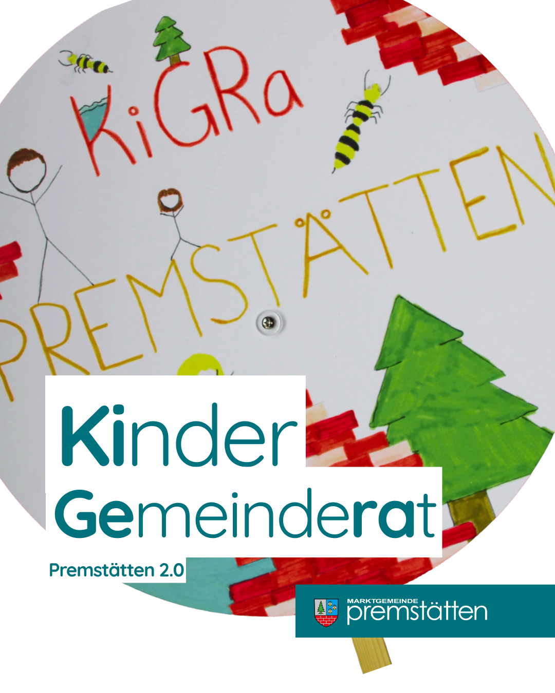 An image with 'Kinder Gemeinderat' written in blue on a white background. Hand-drawn figures and a tree are present. The image is from Premstätten 2.0.