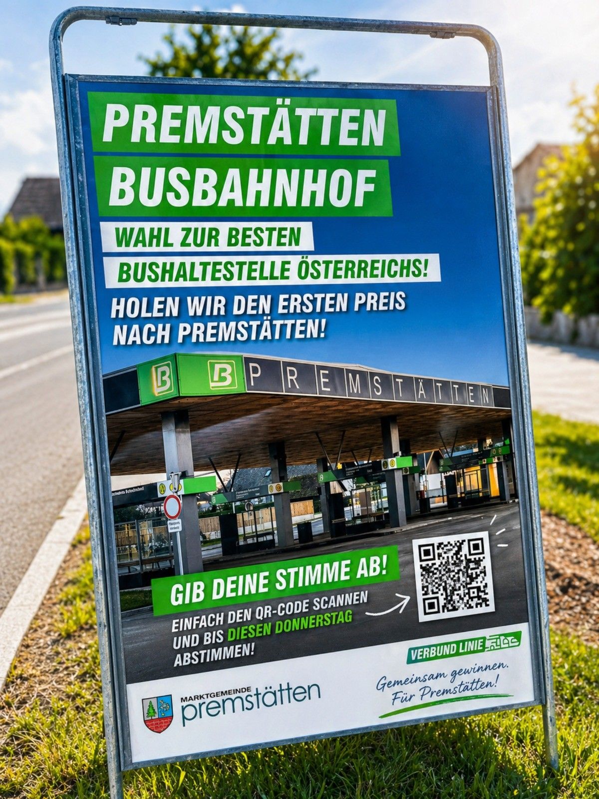 A billboard advertises the best bus stop in Austria. It shows a bus stop and invites people to vote for it by scanning a QR code.