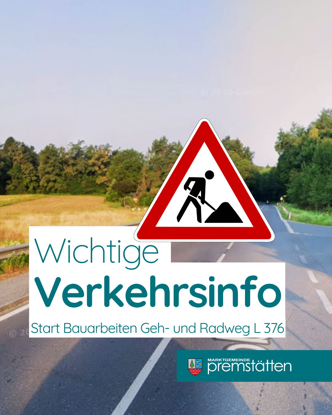 A road sign indicates roadwork. The text reads 'Important Traffic Info.' The road has a grassy field and trees on the sides.