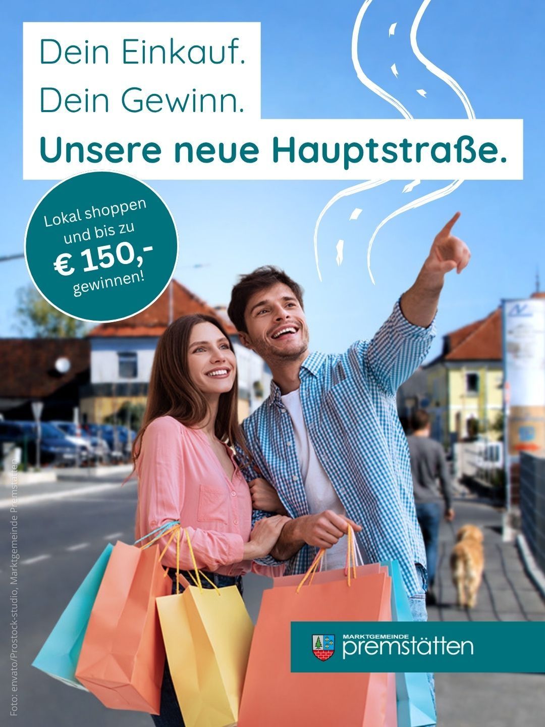 Ein Paar steht mit Einkaufstüten auf einer Straße und lächelt. Dahinter geht ein Mann mit einem Hund. Oben bewirbt ein Banner lokales Einkaufen mit einem Preis von bis zu 150 Euro.