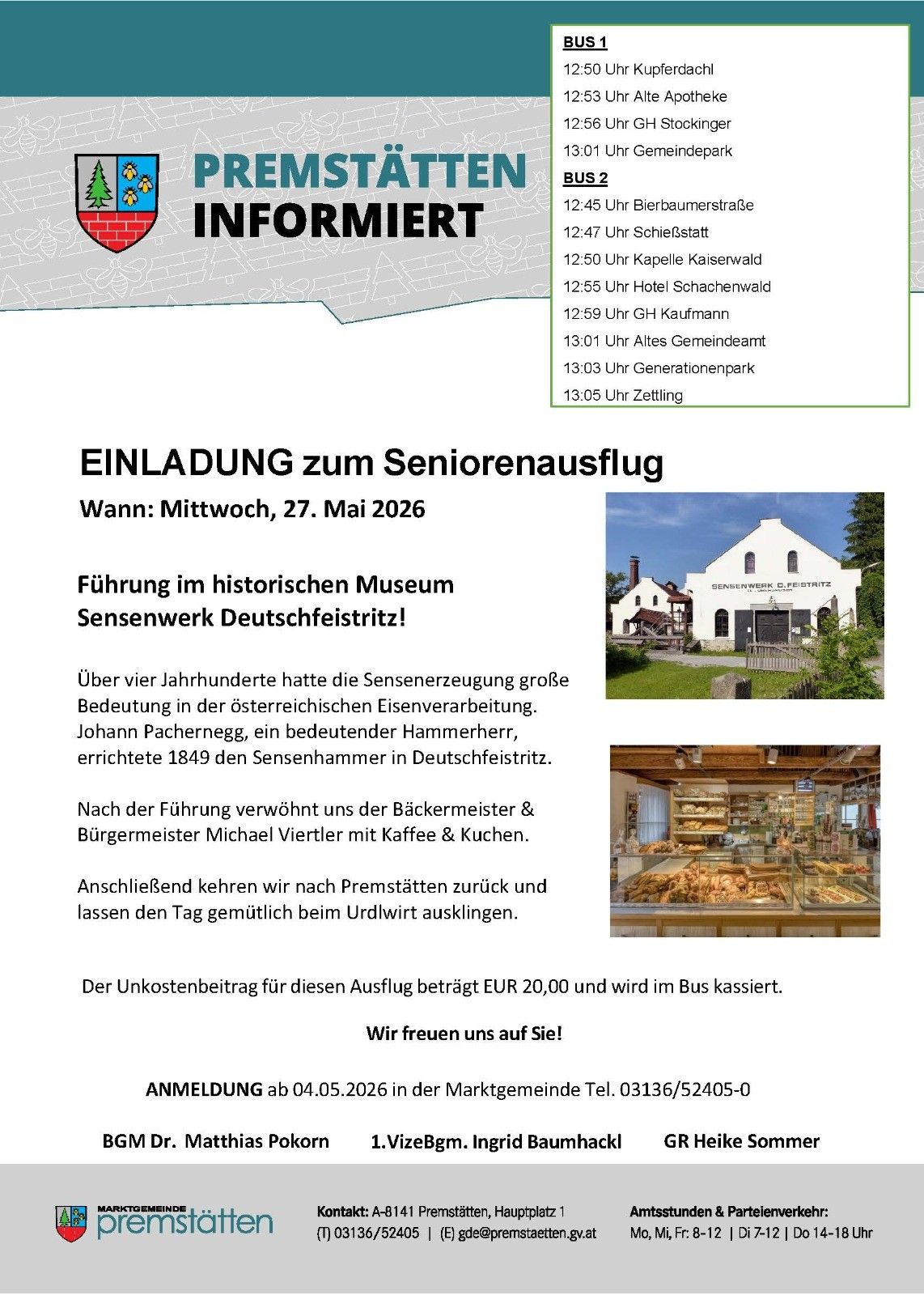 Einladung zu einer Seniorenausflug. Datum: Mittwoch, 27. Mai 2026. Die Führung durch das historische Museum Sensenwerk Deutschfeistritz. Der Eintrittspreis beträgt EUR 20,00. Anmeldung am 04.05.2026.