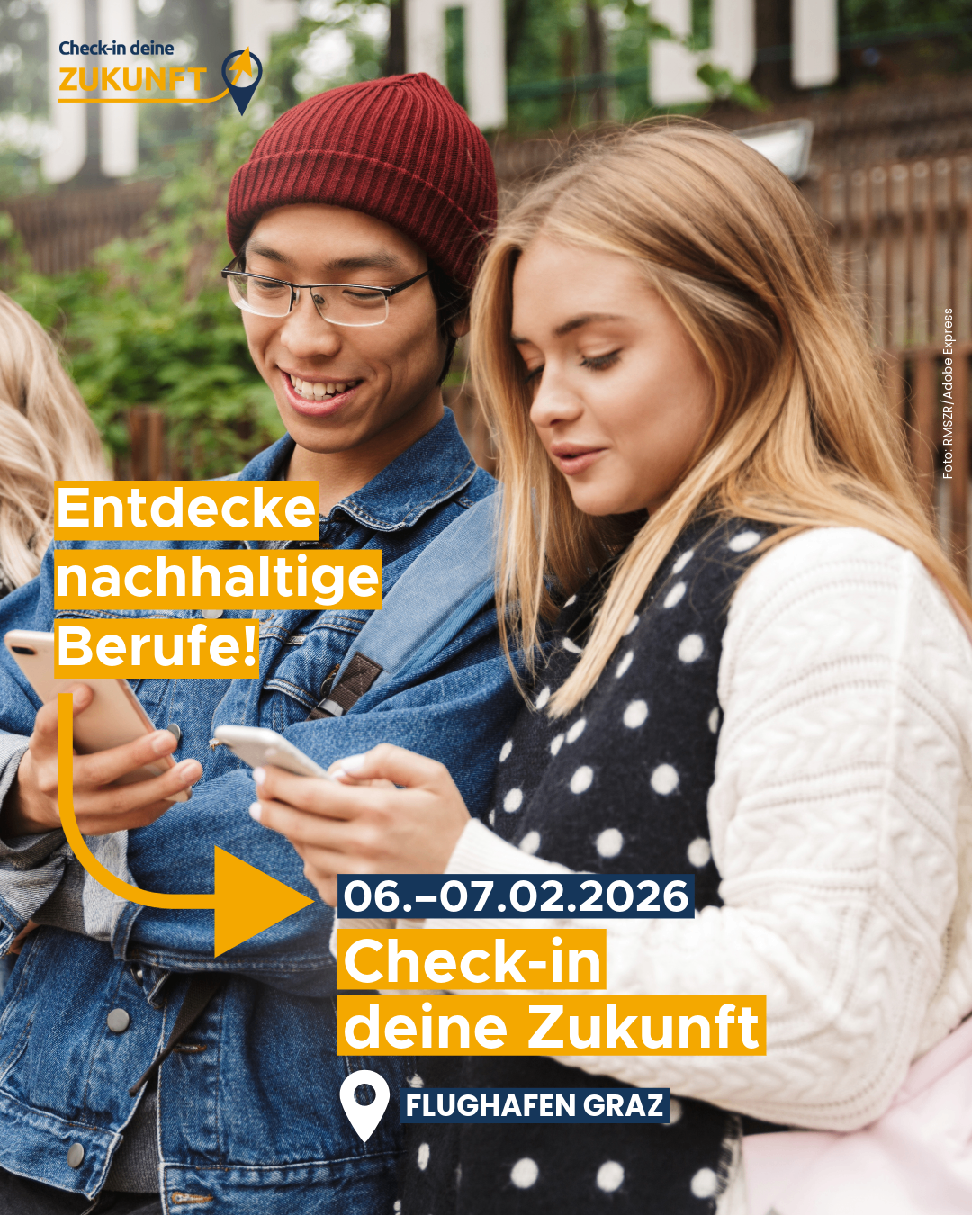 An advertisement shows a man and woman smiling at their phones. Text reads 'Discover sustainable professions! Check-in your future 06-07.02.2026'.