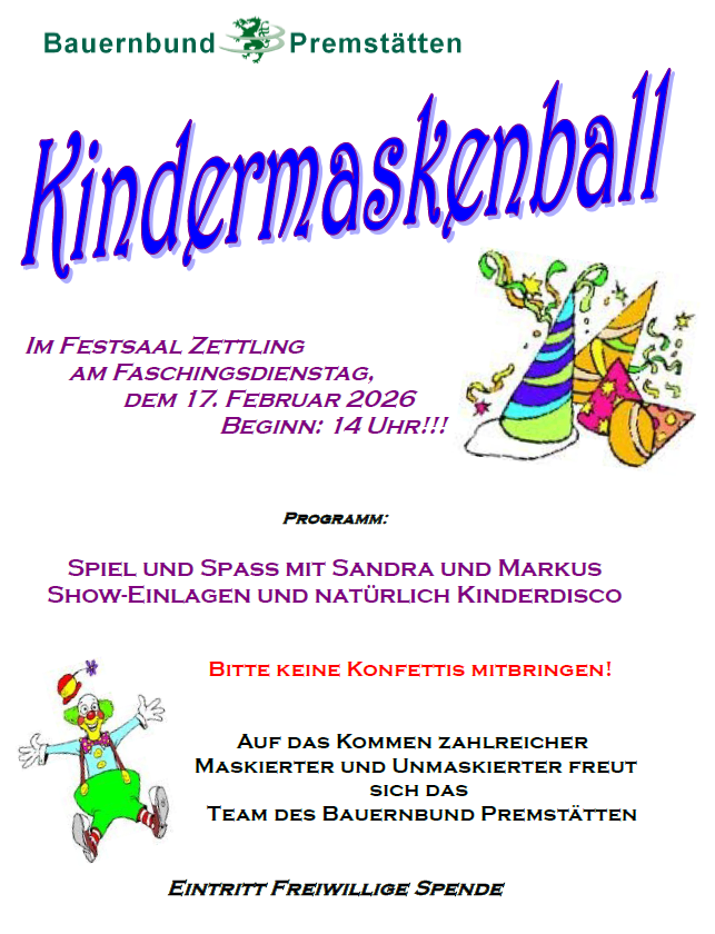 A poster for Kindermaskenball in Zettlign. It starts on February 17, 2026, at 2 PM. The program includes games, fun with Sandra and Markus, show acts, and a children's disco. No confetti is allowed.