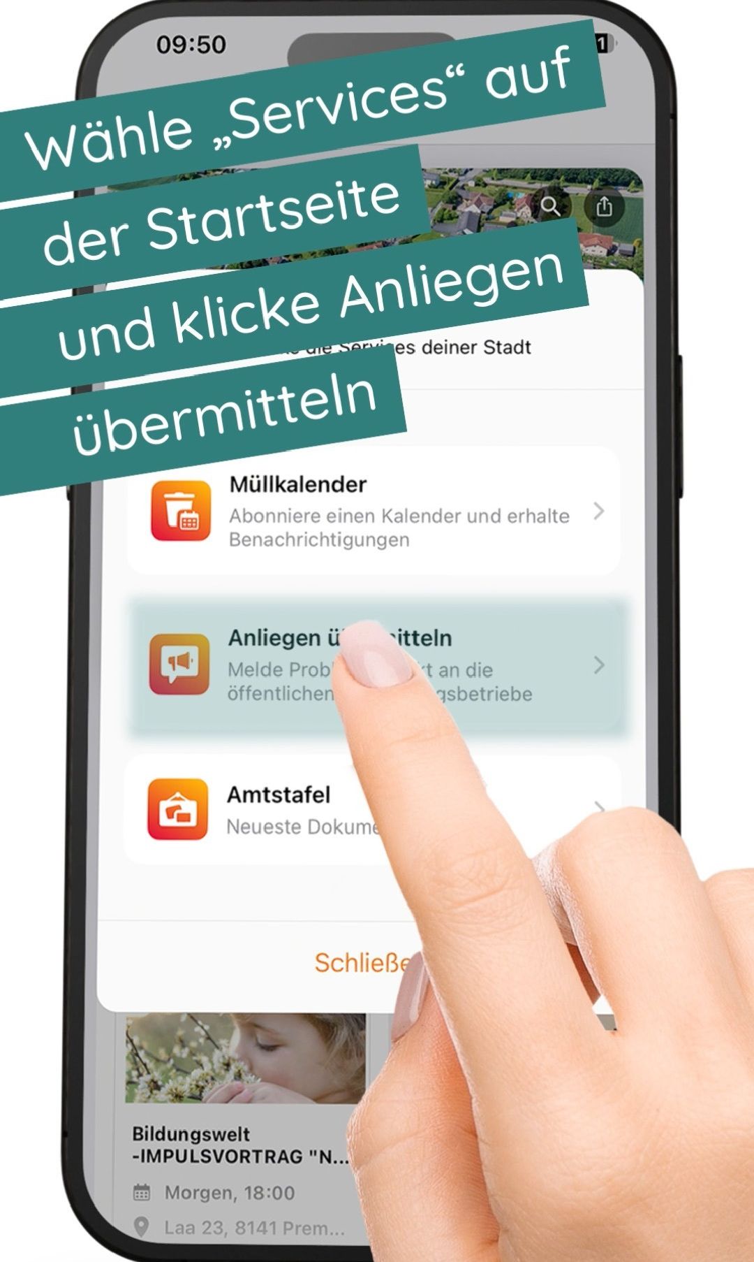 Ein Smartphone-Bildschirm zeigt einen grünen Banner mit deutschem Text, einer Kalender-Abonnement-Option und einer Telefonkontakt-Option. Unten zeigt ein Finger auf ein Symbol für die neuesten Dokumente.