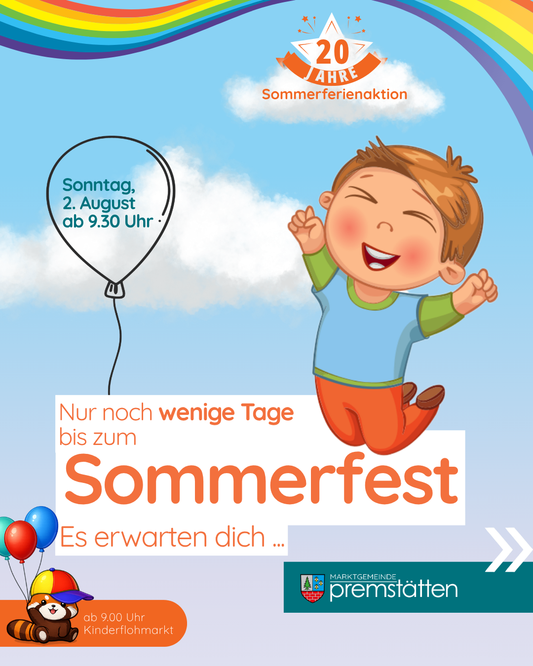 Eine Illustration eines Jungen, der mit einem Ballon springt, Text lautet 'Nur noch wenige Tage bis zum Sommerfest' und 'Sonntag, 2. August ab 9.30 Uhr'.
