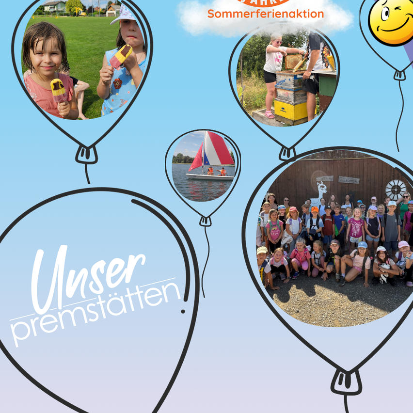 Eine Collage verschiedener Sommeraktivitäten mit Kindern, einschließlich Eis essen, Segeln und einer Gruppenaufnahme mit einem lächelnden Luftballon. Die Collage trägt den Titel 'Unser Pressemitteilung'.