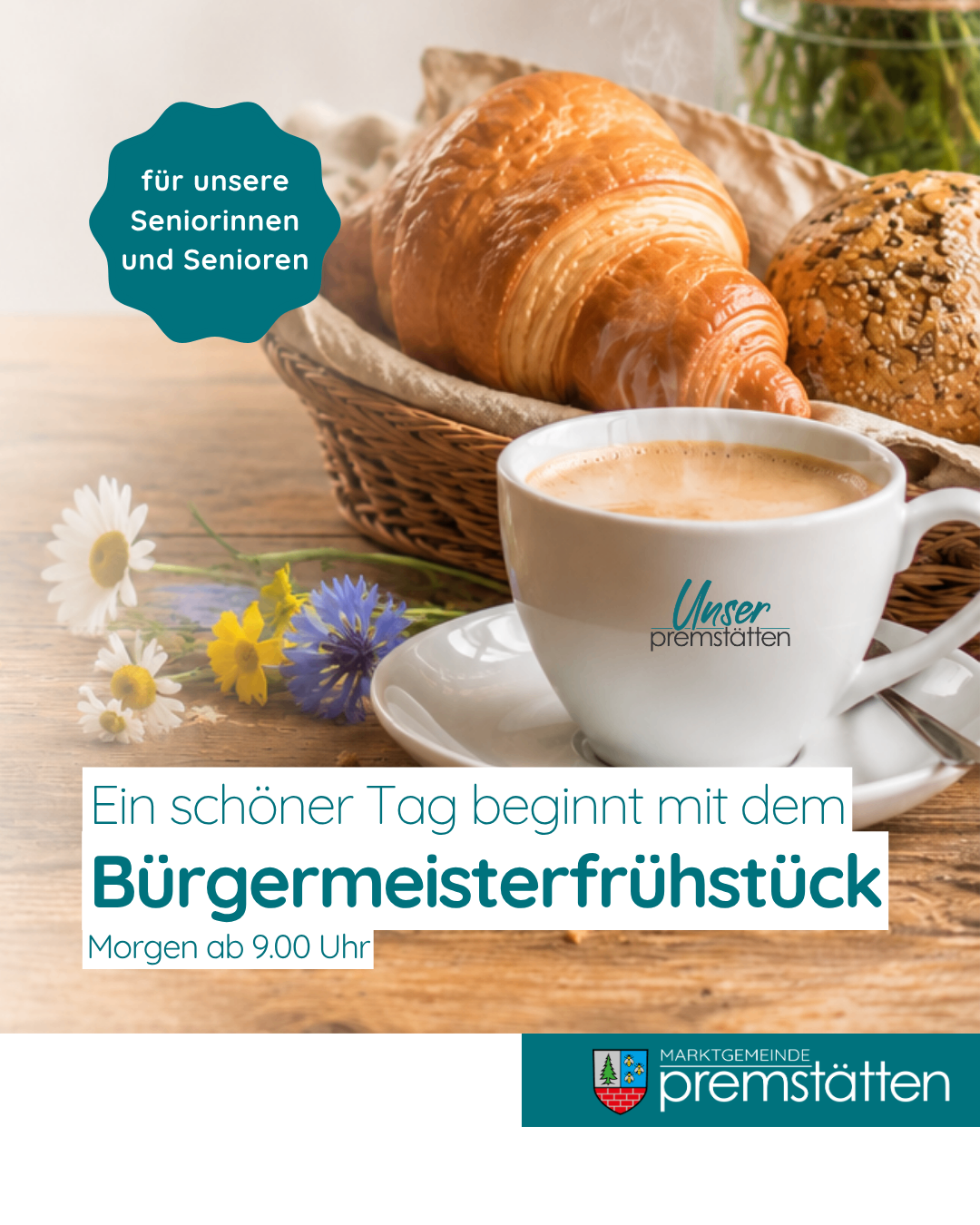An advertisement for a mayor's breakfast event featuring a basket of pastries, a cup of coffee, and flowers on a wooden table.