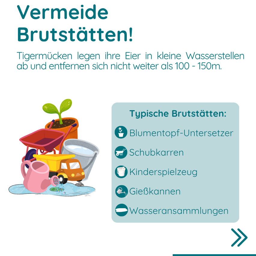 An infographic advises avoiding breeding sites for tiger mosquitoes. It shows common breeding sites such as flowerpot saucers, wheelbarrows, toy trucks, watering cans, and water collections.