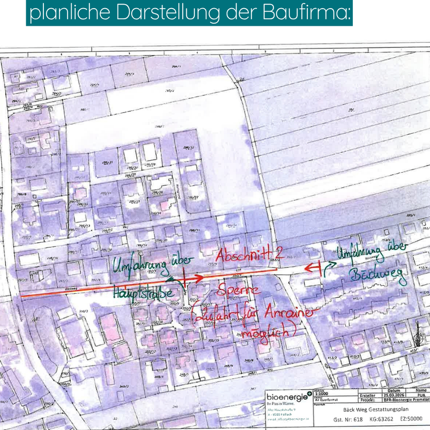 A colored architectural plan with handwritten notes and annotations in German, showing a layout with various buildings and streets, including labels like 'Hauptstraße' and 'Sperne'. The plan also includes a legend and a scale.