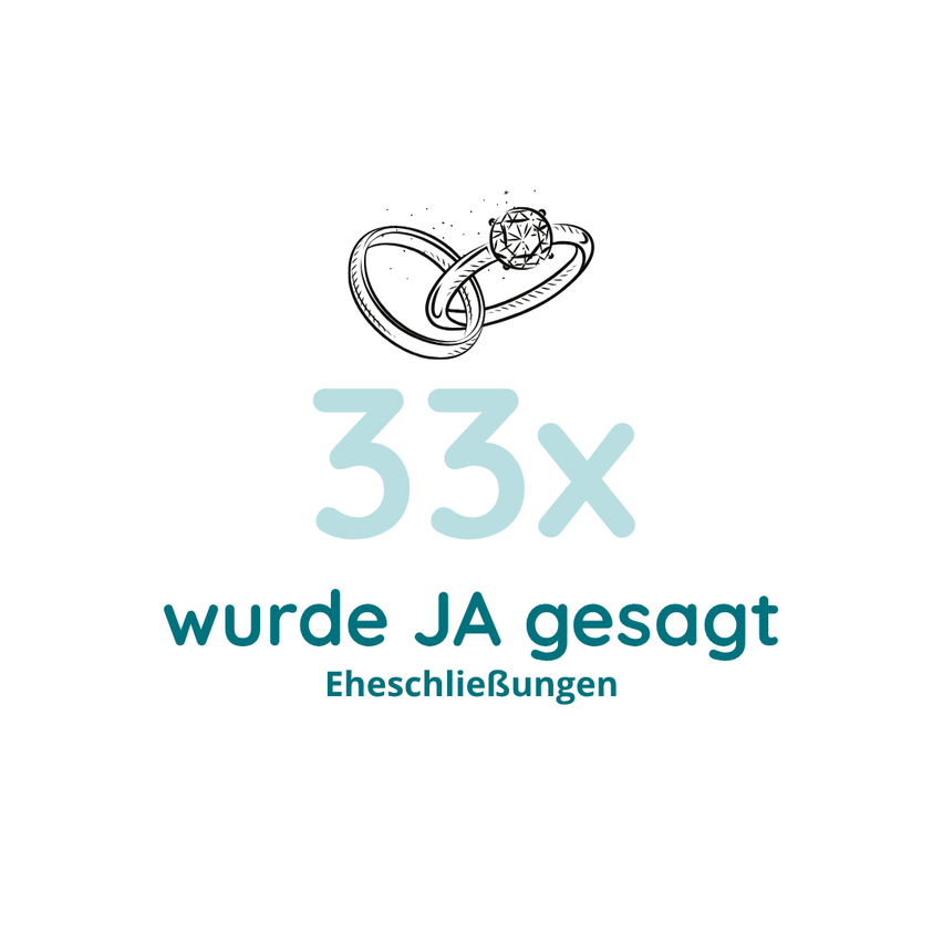 Ein Logo mit zwei ineinandergreifenden Ringen und einem Diamanten in der Mitte, über dem Text '33x wurde JA gesagt', was '33 Mal JA wurde gesagt' bedeutet, mit dem Wort 'Eheschließungen' darunter, was 'Ehen' bedeutet.