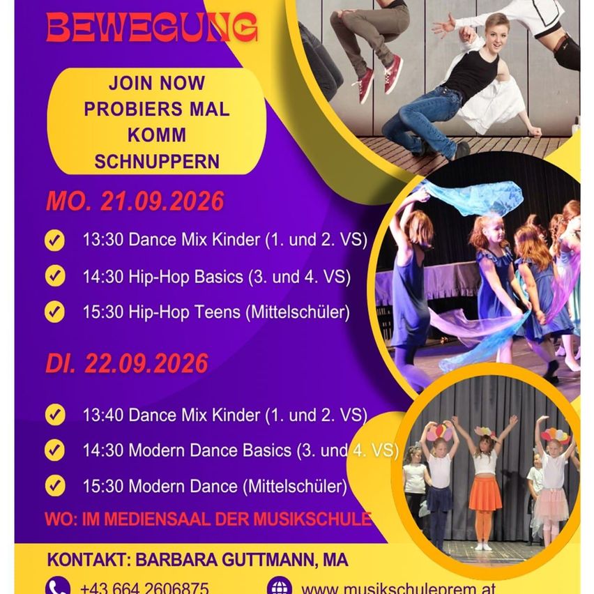 Plakat für Tanzkurse auf Deutsch. Es zeigt eine Gruppe tanzender Kinder auf der Bühne und enthält Details zum Zeitplan und Kontaktinformationen.