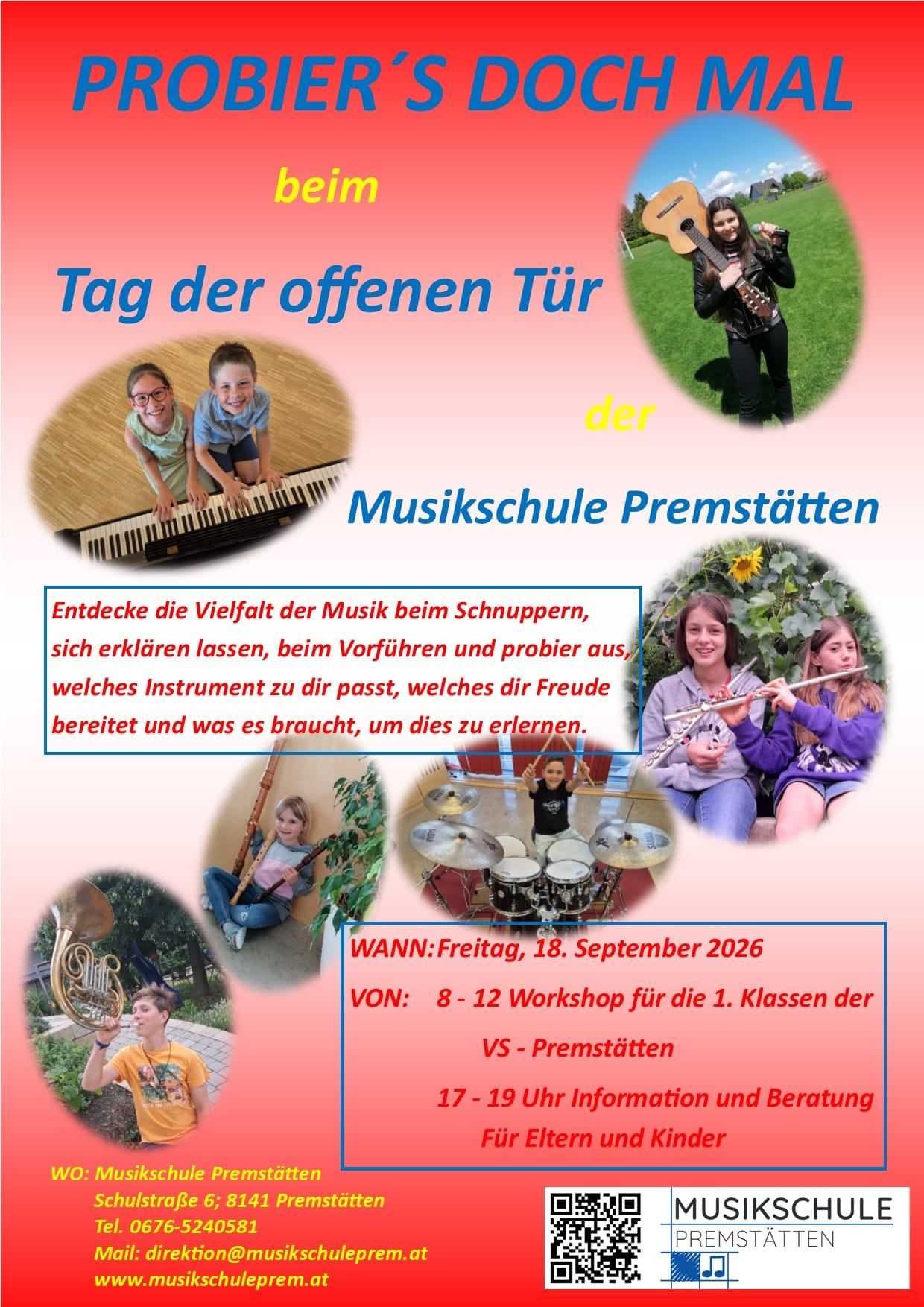 Plakat für den Tag der offenen Tür der Musikschule Premstatten. Es zeigt verschiedene Musikinstrumente und spielende Kinder. Die Veranstaltung ist für Freitag, den 18. September 2026, von 8-12 Uhr geplant.