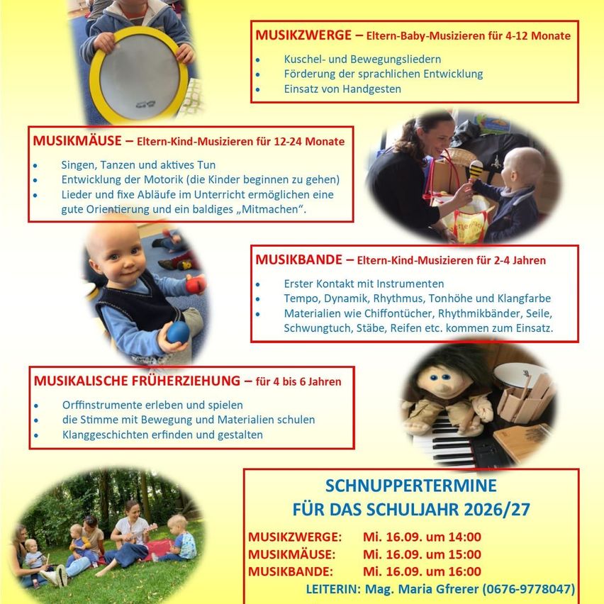 Plakat, das verschiedene Musikkurse für Kinder bewirbt, darunter 'Musikzwerge' für 4-12 Monate, 'Musikmaus' für 12-24 Monate, 'Musikbande' für 2-4 Jahre und 'Musikalische Früherziehung' für 4-6 Jahre. Jeder Abschnitt beschreibt die Aktivitäten und Vorteile der Kurse.
