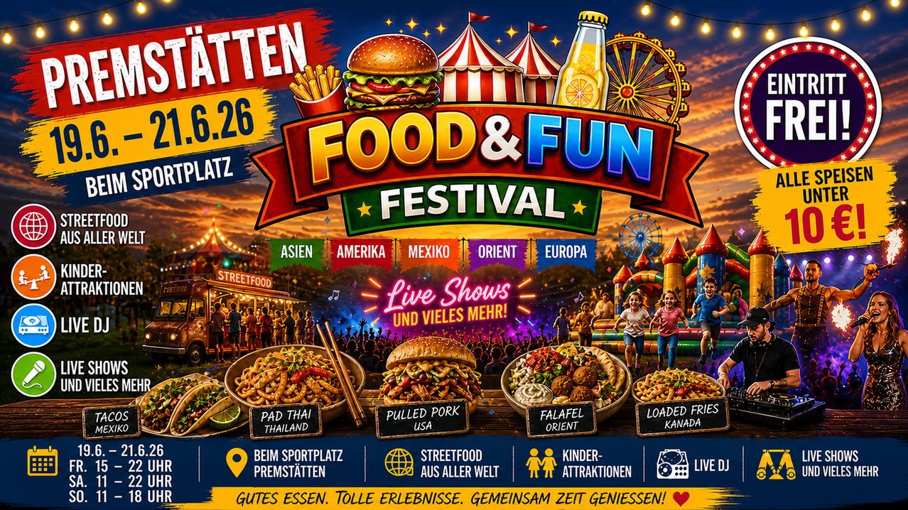 Food und Fun Festival. Essensstände mit Küchen aus Asien, Amerika, Mexiko, dem Orient und Europa. Live Shows und vieles mehr.