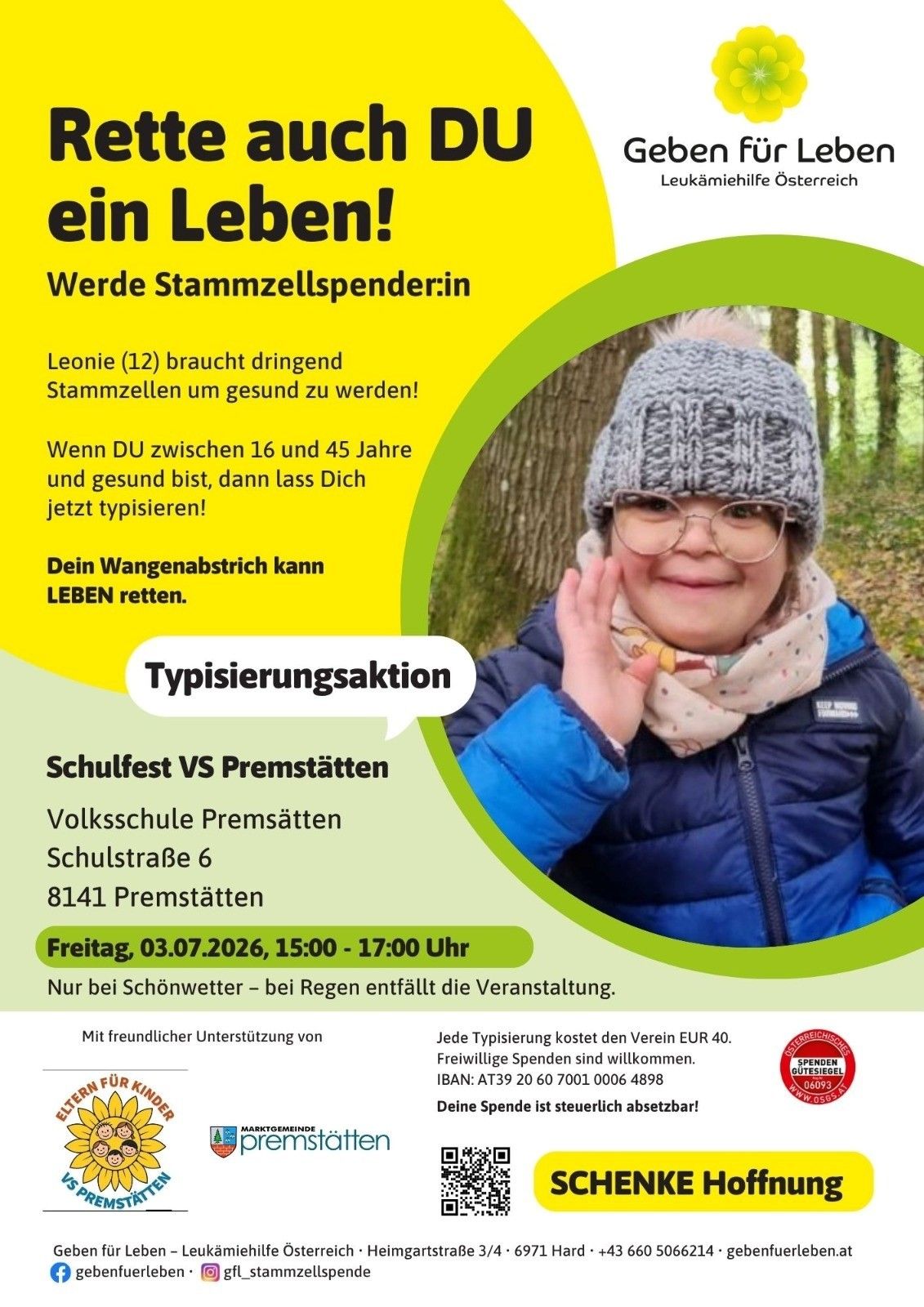 Poster for a stem cell donation event. It features a smiling girl in winter attire and invites people aged 16-45 to donate stem cells. The event is on July 3, 2026.