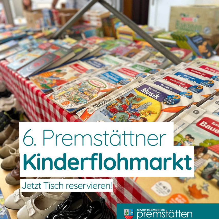 A table with a red and white checkered tablecloth is filled with various colorful books and magazines. There are also shoes neatly arranged at the bottom. The image features a watermark with the text '6. Premstattner Kinderflohmarkt' and a call to action to reserve a table.