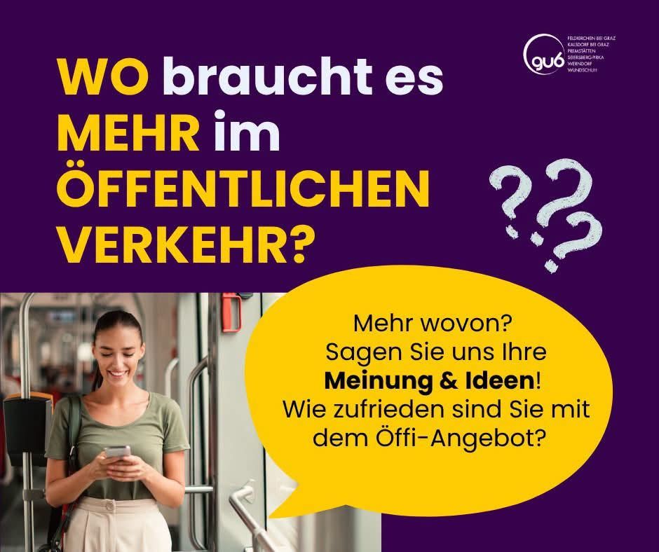 A poster with a woman holding a phone, asking for opinions on public transportation. The text reads 'Who needs more in public transport?' and invites people to share their thoughts.