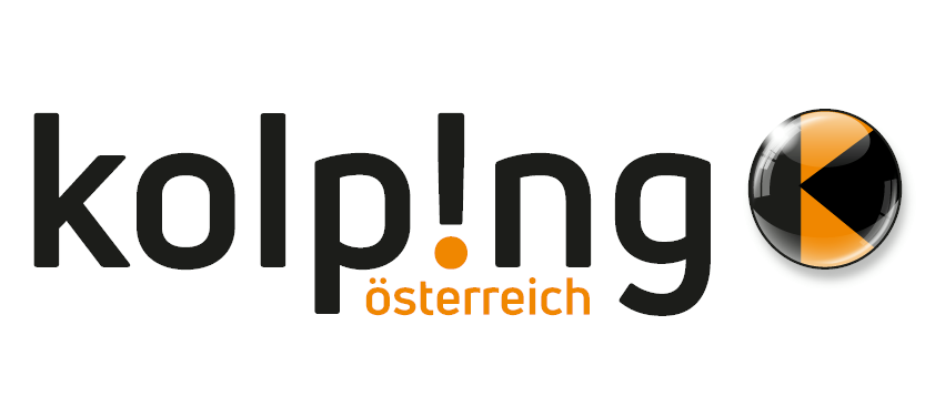 Das Logo für 'kolpling oesterreich' zeigt 'kolpling' in Schwarz mit einem Punkt und 'oesterreich' in Orange darunter. Ein orange-schwarzer Kreis mit einem Dreieck befindet sich rechts davon.