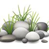 Eine Illustration verschiedener grauer und weißer Steine mit grünem Gras auf weißem Hintergrund.