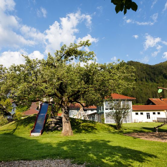 Ein Spielplatz mit einer Rutsche unter einem großen Baum vor einem Haus mit rotem Dach an einem sonnigen Tag.