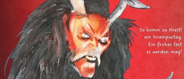 Ein Bild zeigt ein Plakat mit einer Krampus-Illustration. Es enthält ein deutsches Gedicht und Veranstaltungsdetails: Datum, Uhrzeit und Ort. Es erwähnt Musik, Essen und Feuerwerk.
