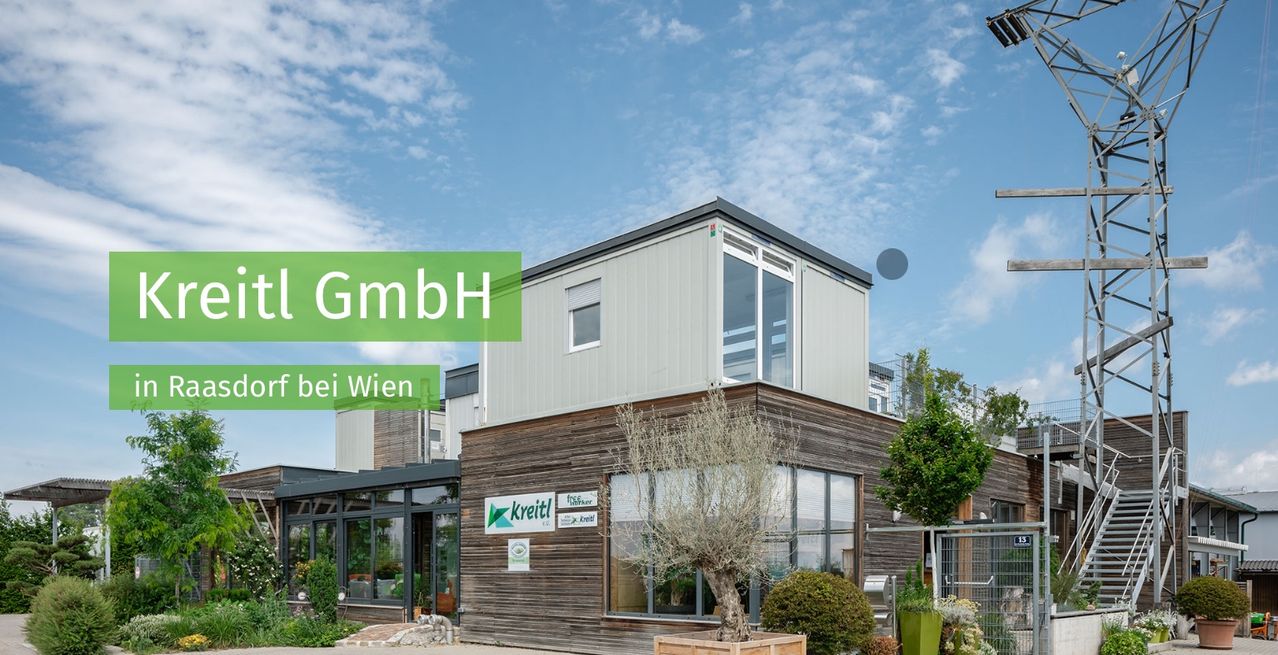 Ein modernes architektonisches Gebäude mit dem Text GmbH in der Nähe von Wien an einem klaren Tag. Das Gebäude hat Glasfenster und eine Holzwand. Vor dem Gebäude steht ein Baum in einem Topf.