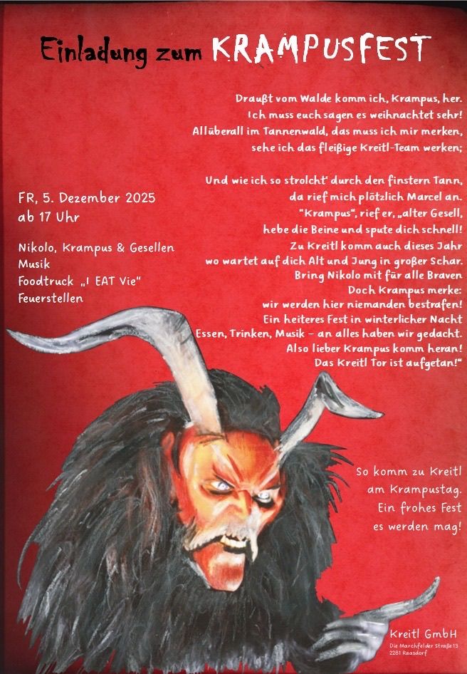 Das Bild zeigt ein Plakat für eine Veranstaltung am 5. Dezember 2025 mit Krampus, einer Figur aus der Folklore, in einer festlichen Atmosphäre und Texten über Food Trucks, Musik und ein fröhliches Fest.