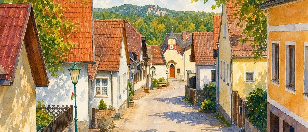 Eine Aquarellmalerei einer malerischen Dorfstraße mit rot gedeckten Häusern, einer Kirche im Hintergrund und einem klaren blauen Himmel mit Wolken.