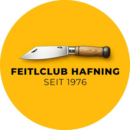 Ein gelbes kreisförmiges Logo mit einem Messer mit hölzerne Griff. Der Text lautet 'Feitlclub Hafning Seit 1976'.