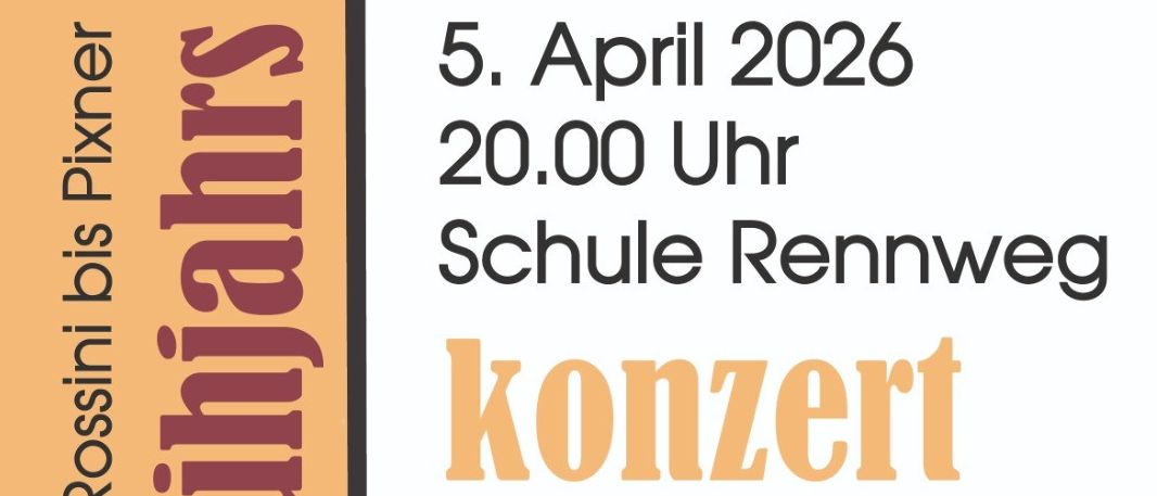 Plakat für ein Schulkonzert von Rennweg. Es zeigt eine Tuba und nennt Ticketpreise und freien Eintritt für Kinder unter 12 Jahren.
