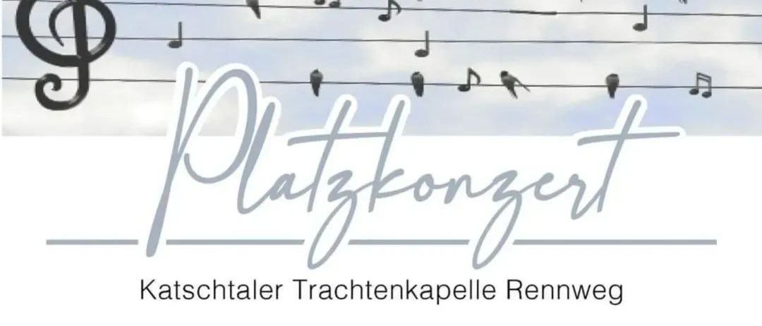 Ein Musikposter zeigt ein Violinschlüssel mit Vögeln und Noten, beschriftet mit Platzkonzert, darunter ein Leiersymbol.