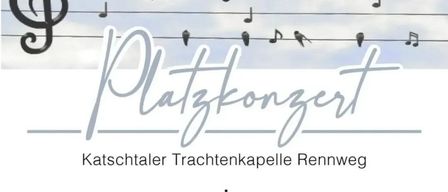 Ein Musiknoten- und G-Schlüssel schwebt mit Vögeln am Himmel und zeigt ein Musikkonzert-Poster für Katschatler Trachtenkapell in Rennweg.