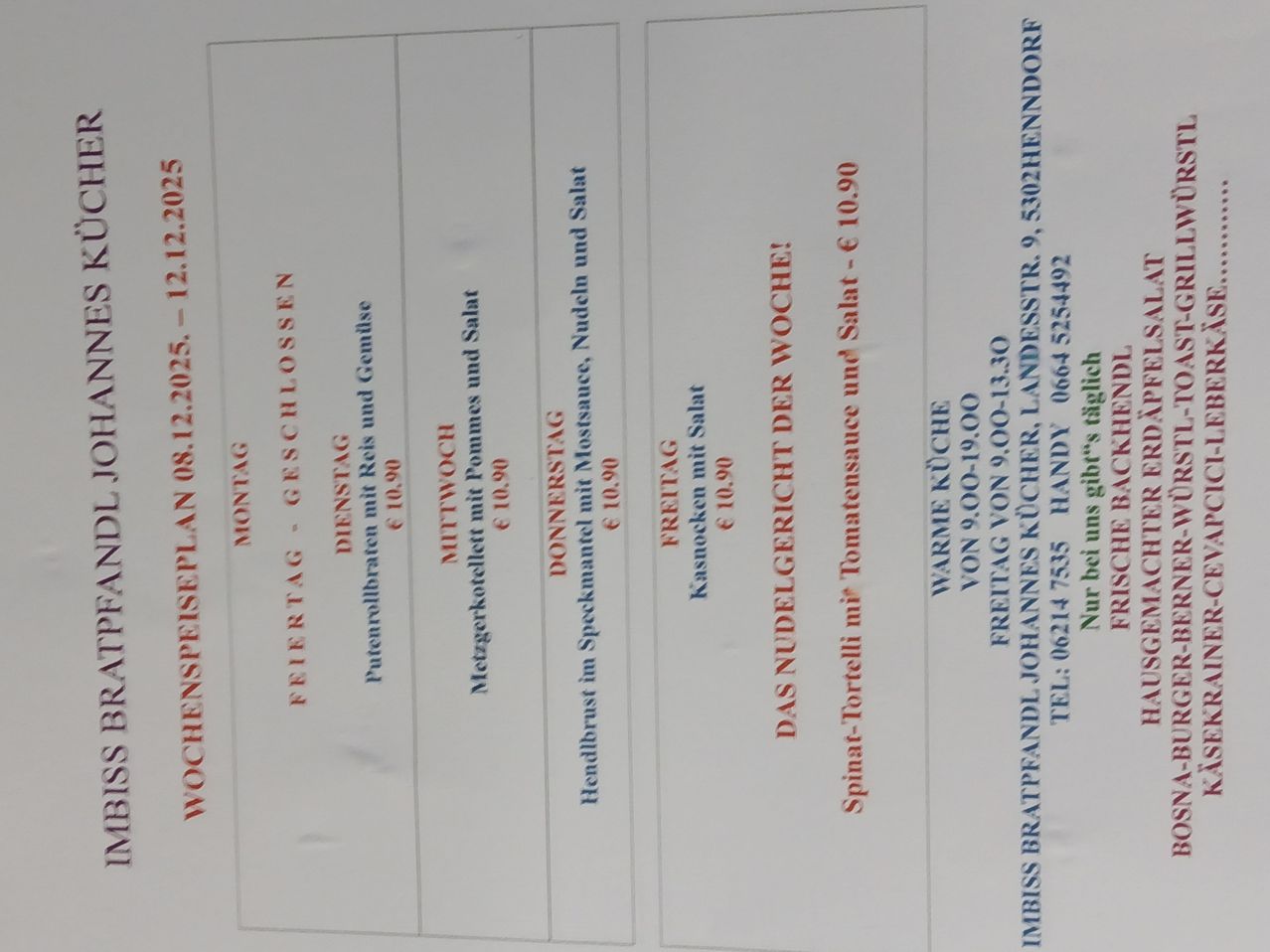 Wochenplan für die Woche vom 12. Dezember 2025. Montag: Pilze und Spinat, €10,50. Dienstag: Pilze und Spinat, €10,50. Mittwoch: Pilze und Spinat, €10,50. Donnerstag: Pilze und Spinat, €10,50. Freitag: Pilze und Spinat, €10,50.