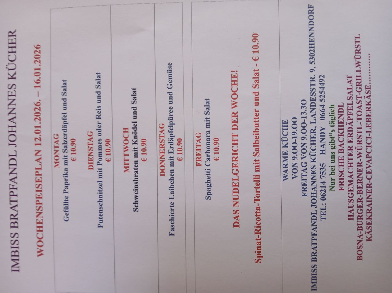 Eine Menüliste mit verschiedenen Gerichten und Preisen für Montag bis Freitag. Jedes Gericht ist mit Name, Preis und Wochentag aufgeführt.