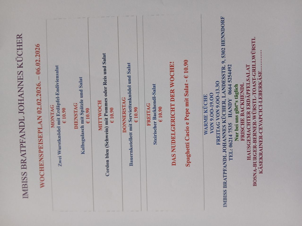 Wöchenlicher Speiseplan für Februar 2020, zeigt verschiedene Gerichte und Preise. Beinhaltet zwei Stücke Rinderwurst für 10,90 Euro, Blumenkohlsuppe für 10,90 Euro und andere. Jedes Gericht ist mit Name und Preis aufgeführt.