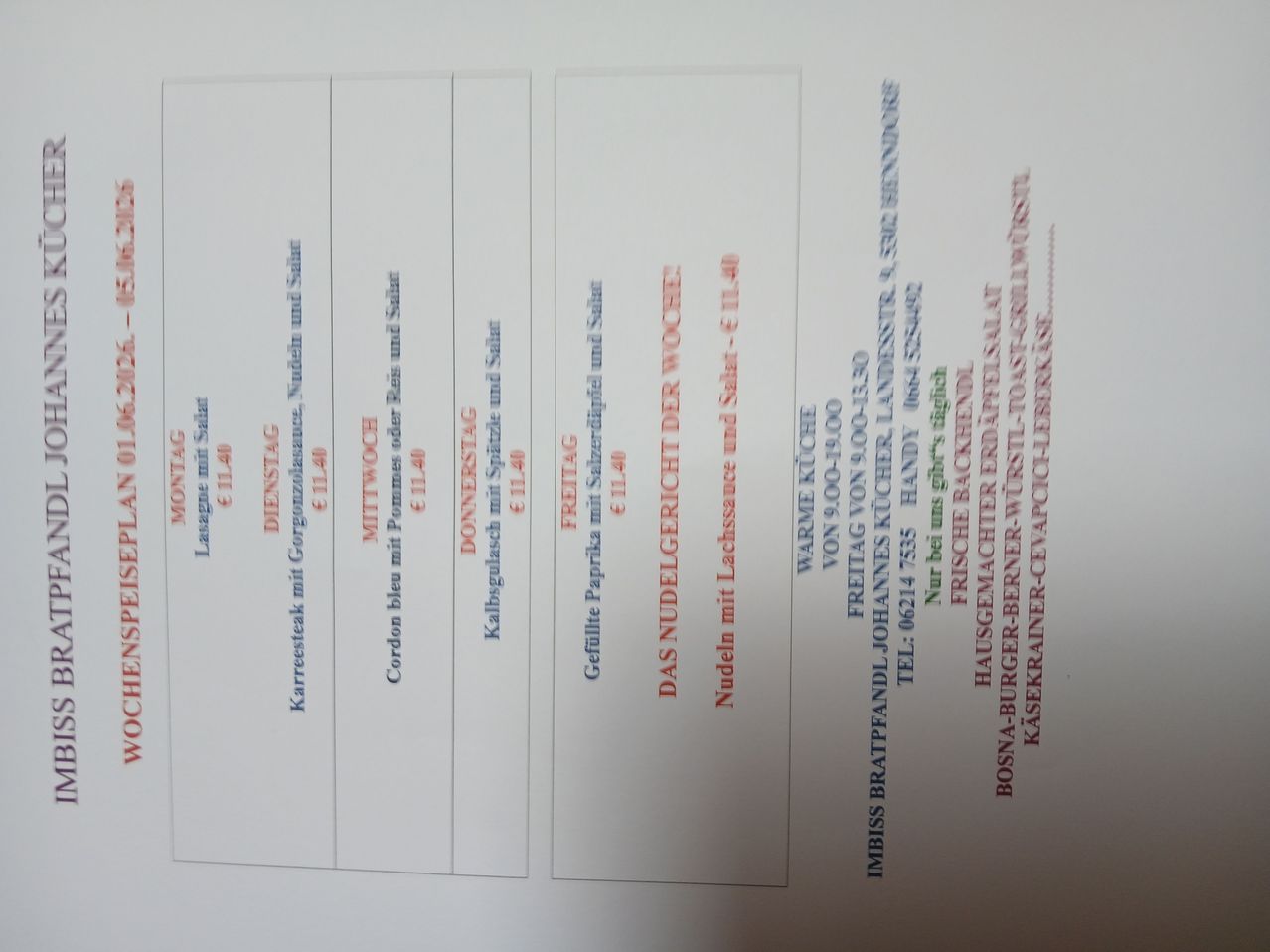 A document shows various days with prices for different meals and a contact number for a restaurant.