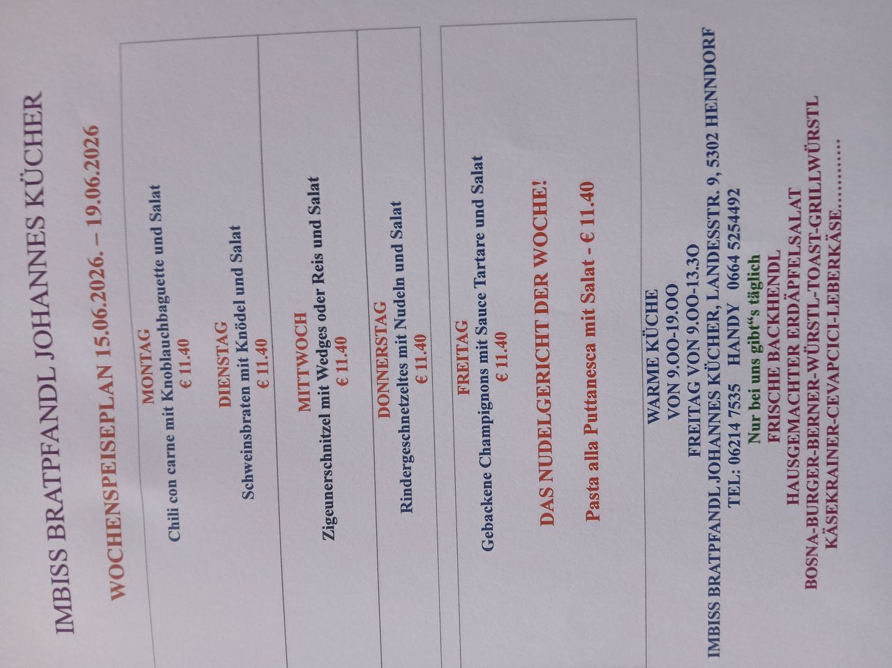 A menu with various food items and prices listed. Items include 'Chili con carne', 'Schweinbraten mit Knolle', 'Mittwoche', and 'Donnerstag mit Nudeln'. Prices range from €11.40 to €11.40.