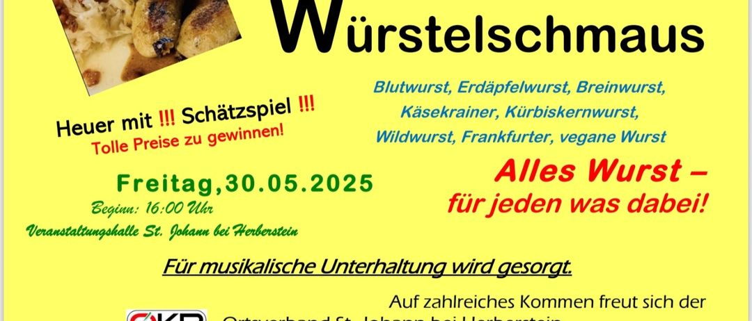 Plakat für Wurstfest-Event. Das Plakat zeigt einen Teller mit Würsten. Die Veranstaltung beinhaltet ein Wurst-Ratespiel, verschiedene Wurstsorten und musikalische Unterhaltung. Das Event findet am 30. Mai 2025 um 16 Uhr statt. Tickets sind für 4,80 Euro erhältlich.