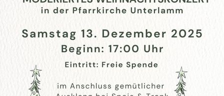 Plakat für ein modernes Weihnachtskonzert in der Pfarrkirche Unterlamm am 13. Dezember 2025, Beginn um 17:00 Uhr. Der Eintritt ist frei, anschließend gemütlicher Ausklang bei Speisen und Getränken. Mit Illustrationen von Weihnachtsbäumen und Musiknoten.