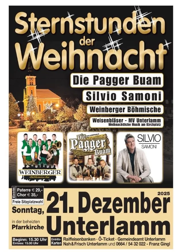 Plakat für Sternstunden der Weihnacht mit Die Pagger Buam und Silvio Samoni, Bildern der Künstler, Veranstaltungsdetails und einer Kirche als Hintergrund.