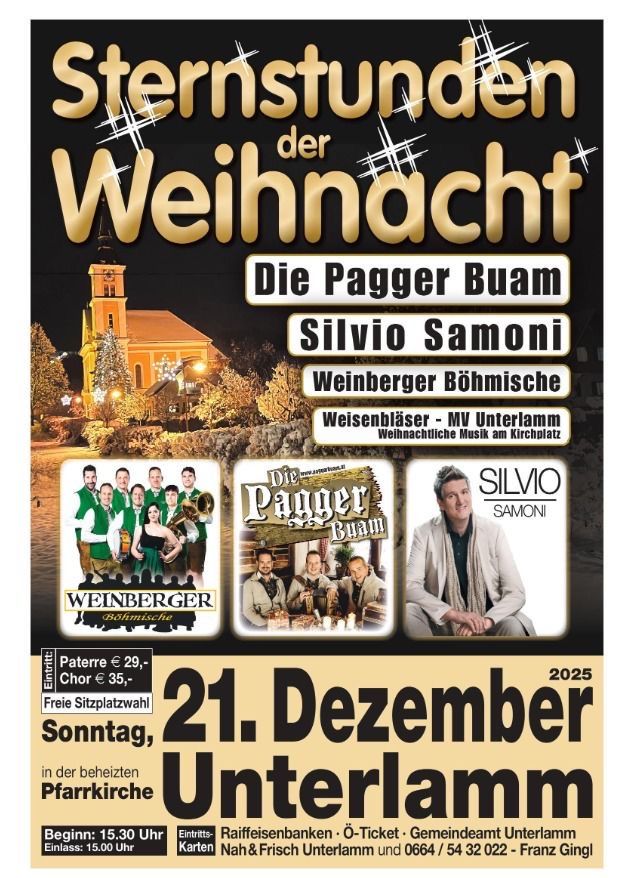 Plakat für Sternstunden der Weihnacht mit Die Pagger Buam und Silvio Samoni, Bildern der Künstler, Veranstaltungsdetails und einer Kirche als Hintergrund.
