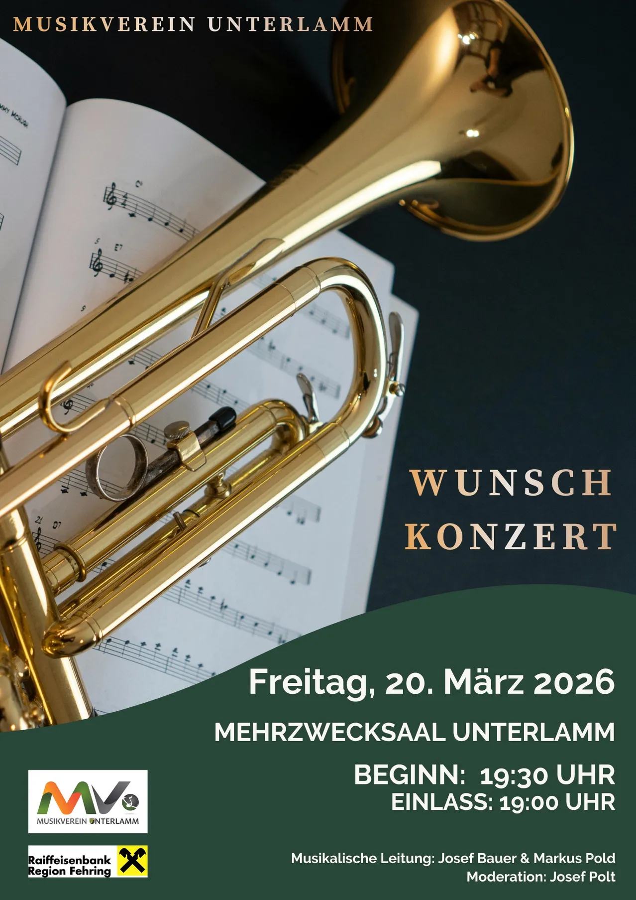 Eine goldene Trompete liegt auf einem offenen Notenblatt mit Musiknoten. Der Text lautet 'Wunsch Konzert' und 'Freitag, 20. März 2026 Mehrzwecksaal Unterlamm'.